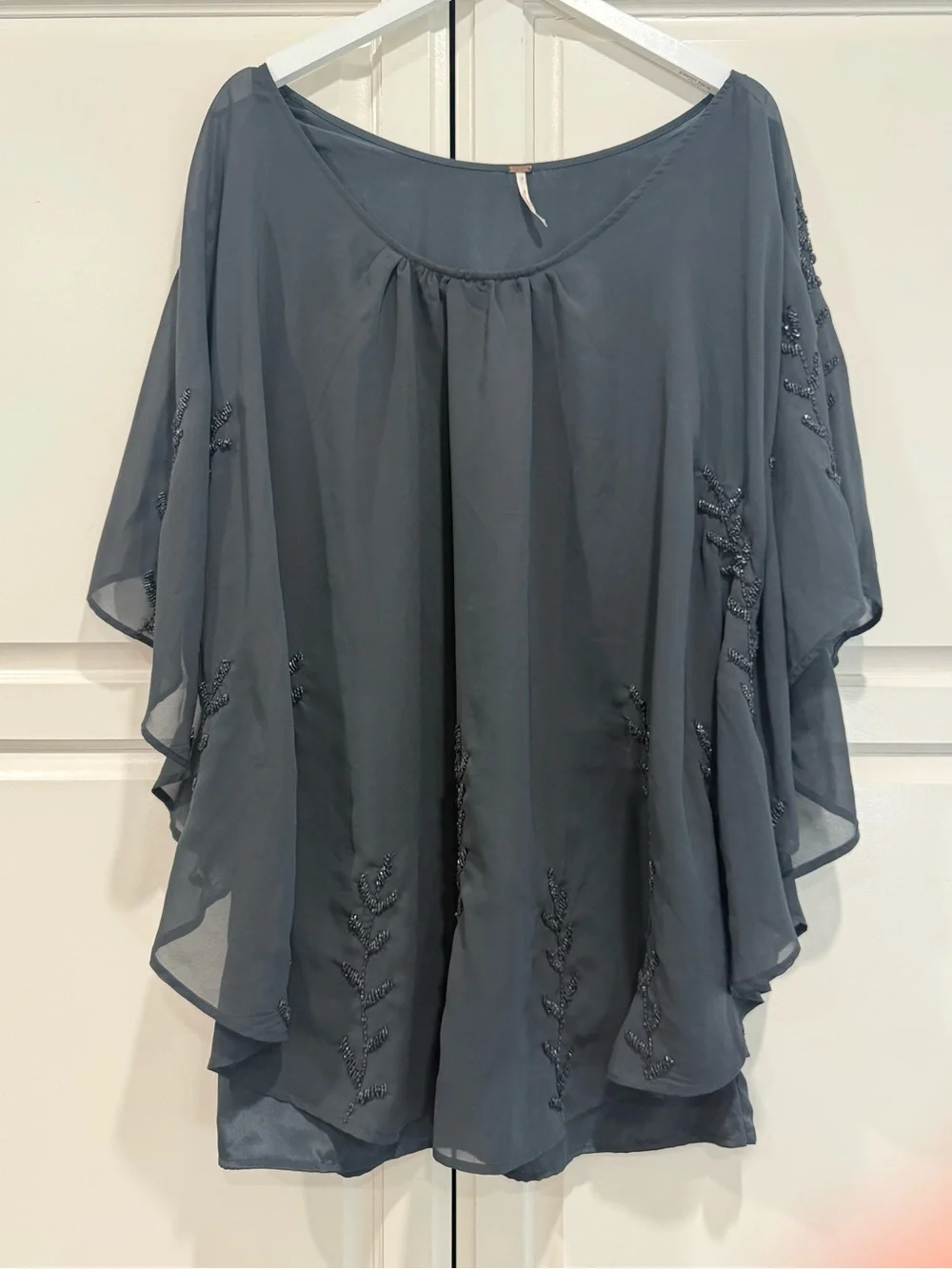 Free People Dark Gray Chiffon Mini Dress w/ Beaded Floral Accent Size Medium